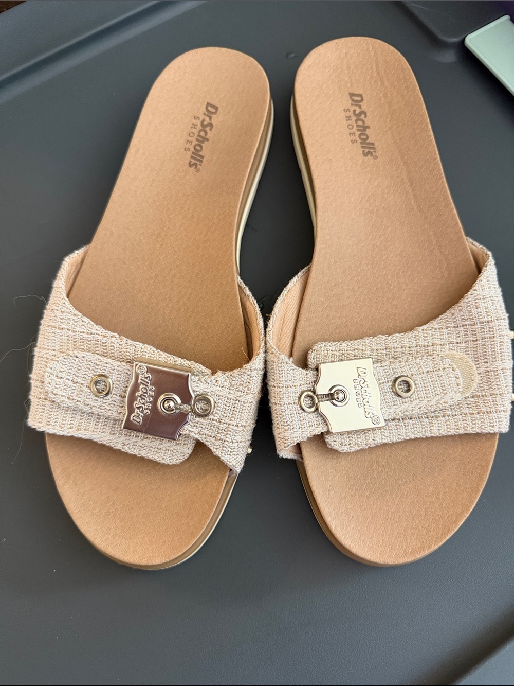 Dr. Scholl's Women's Neutral Tan Slide Sandals with Decorative Buckles NWOT